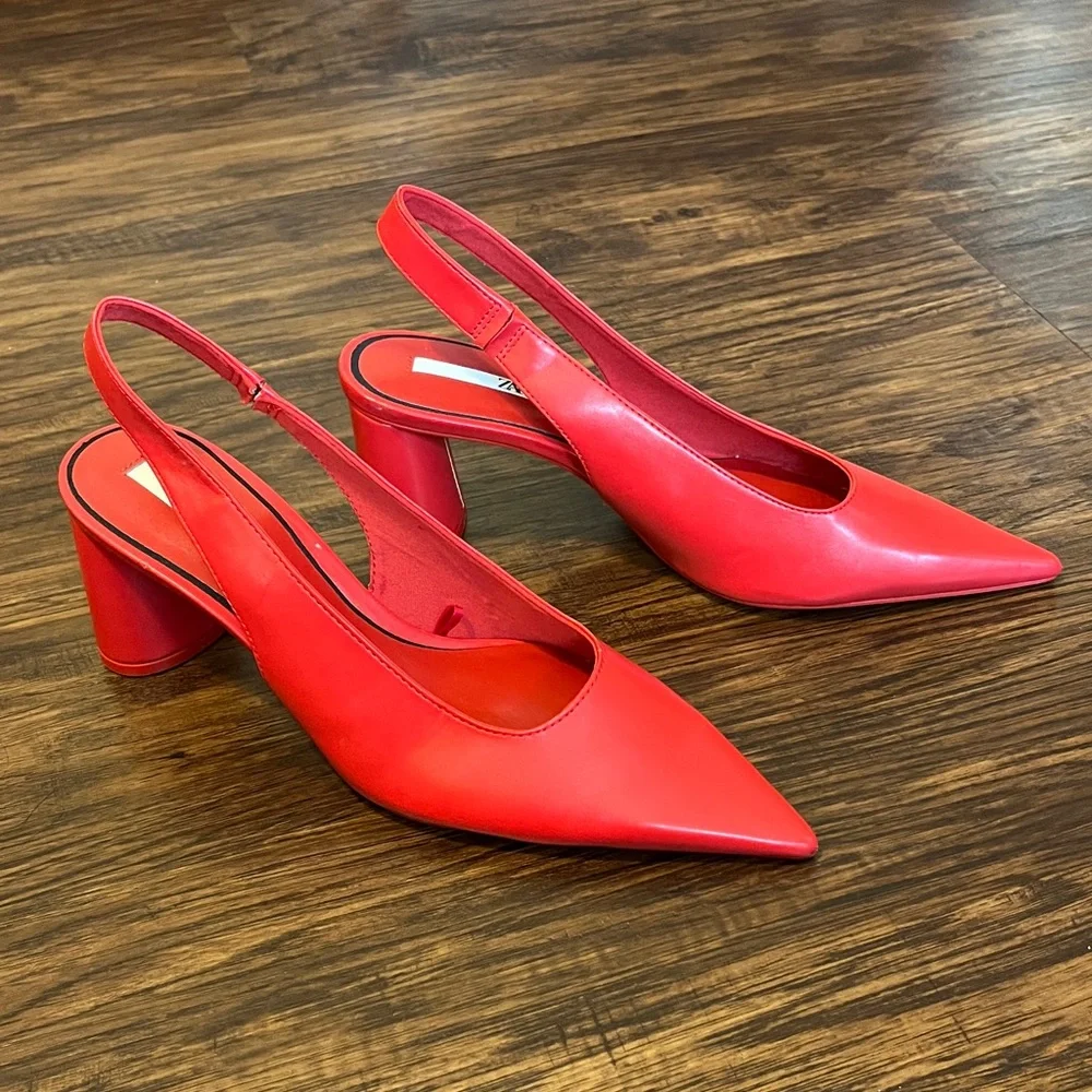 Zara Red Faux Patent Leather Slingback Pumps Heels Size US 8.5/EU 39 - Picture 3 of 8